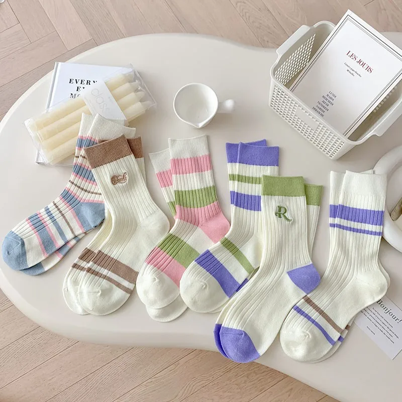 

Socks Women's Letter Embroidered Thin Cotton Socks Simple Fashion Color Matching Stripes Breathable Women's In Tube Socks I225