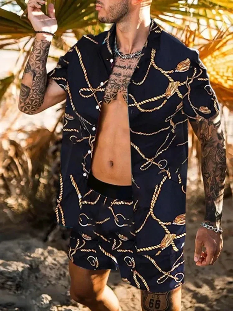 2024 Men Hawaiian 2Pcs Sets Summer 3D Print Short Sleeve Shirt Beach Button Shorts Streetwear Shirt Holiday Men's Two Piece Suit