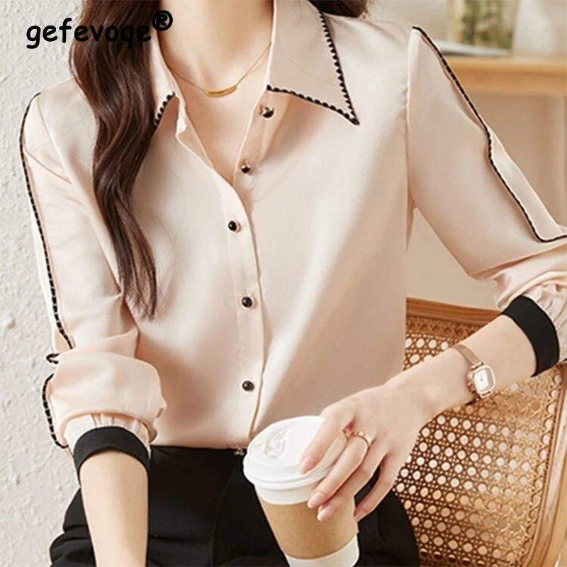 Spring Autumn Korean Fashion Polo-neck Elegant Patchwork Shirt Female Long Sleeve Cardigan All-match Top Women Buttons Blouse