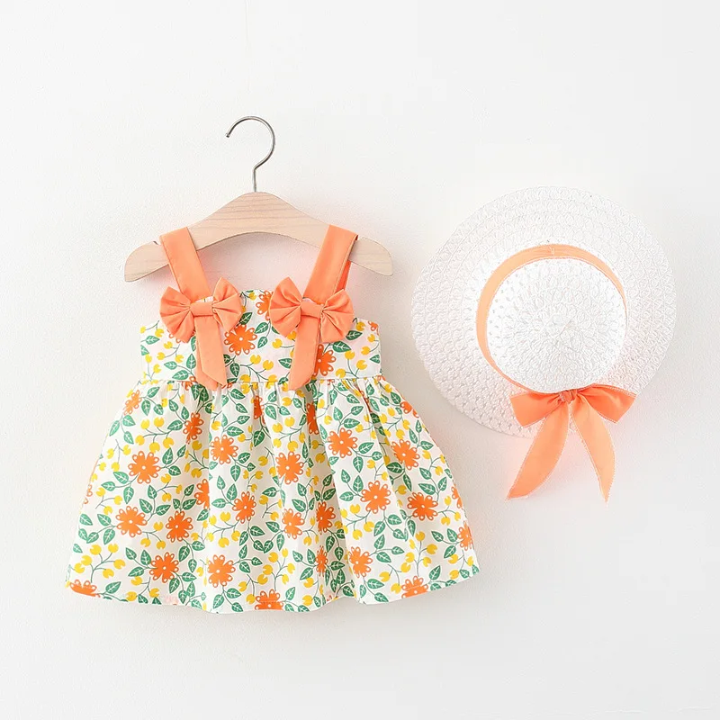 2Piece Summer Clothes Baby Girls Boutique Outfits Korean Cute Bow Sleeveless Beach Dresses Newborn Flowers Dress+Sunhat BC018 - Image 4