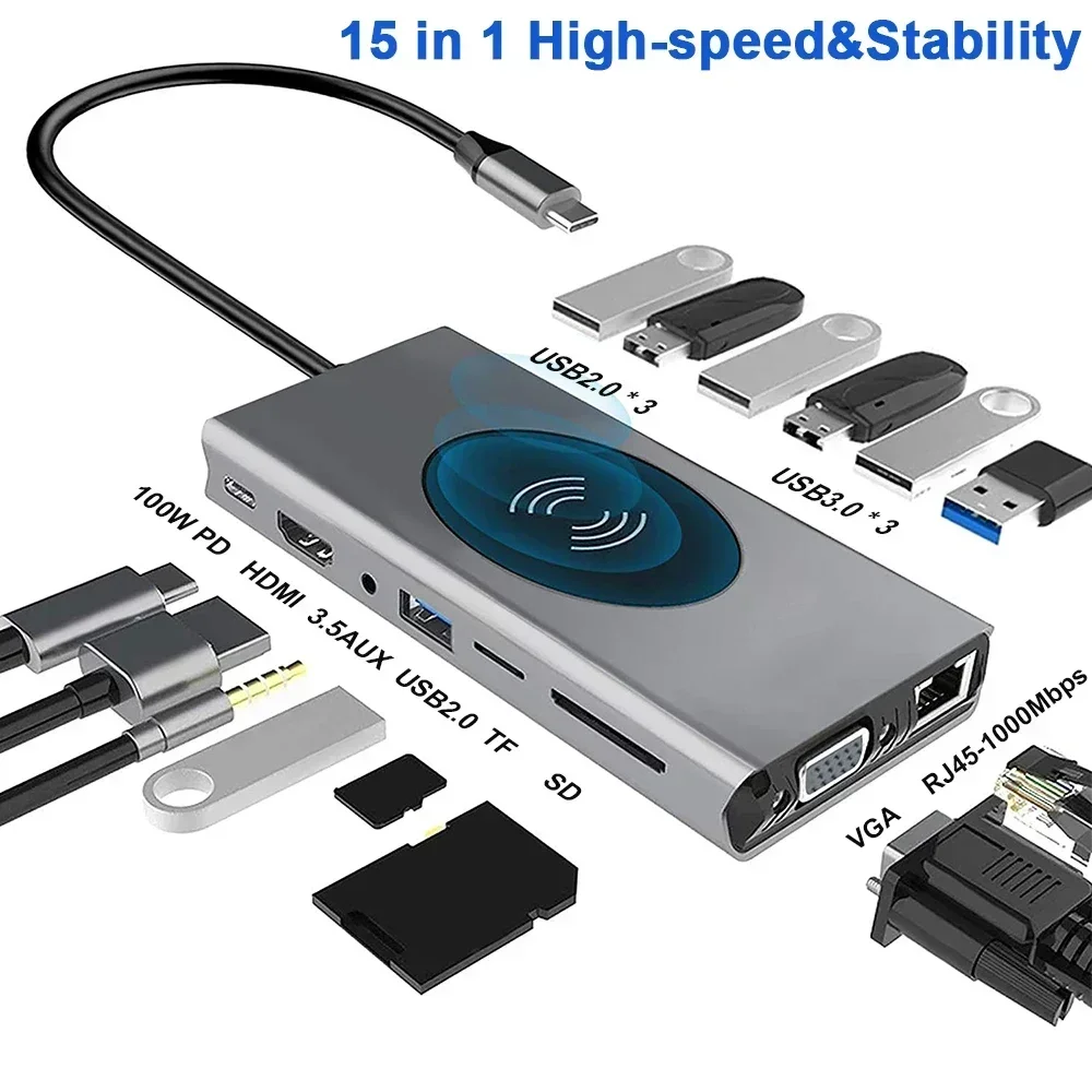 맥북 프로용 USB C 허브 도킹 스테이션, 4K HDMI,VGA, 기가비트 이더넷, 무선 충전기, 100W PD,USB3.0,SD/TF, 15 인 1