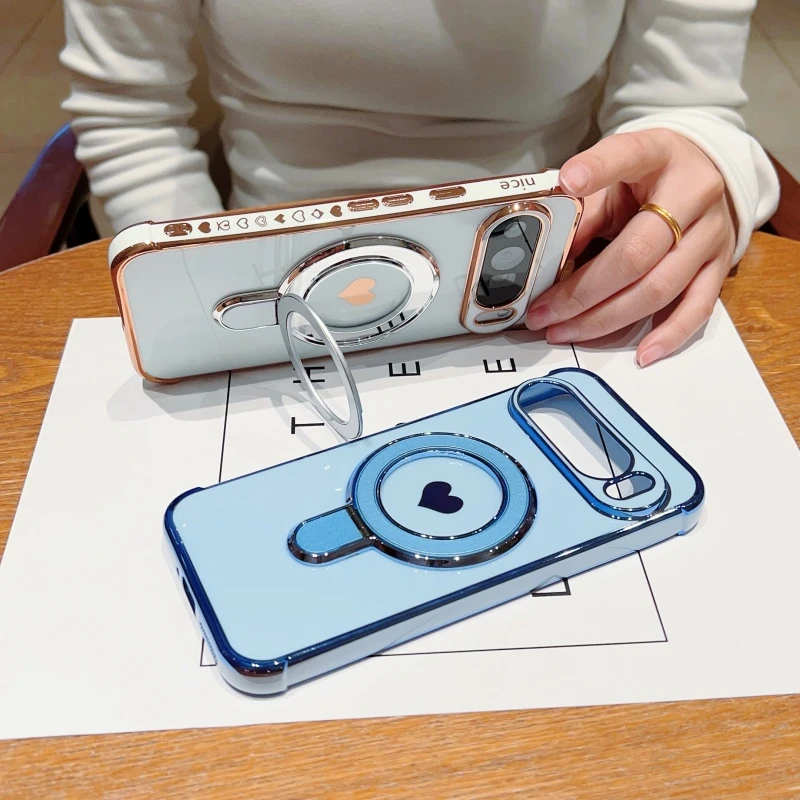 Enhanced Love Heart Bracket Phone Case with Plating Finish and Magsafe Compatibility