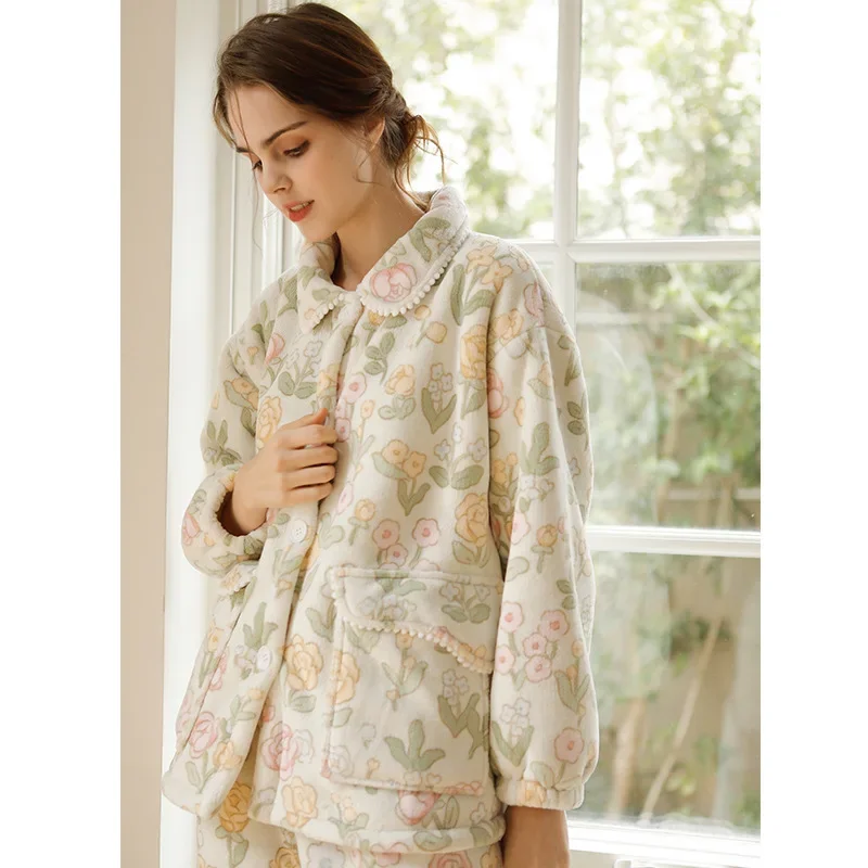 New Winter Women Pajamas Set Thickened Fashion Elegant Composite Fleece Warm Tulip Printing Long Home Sleepwear Women's Clothing