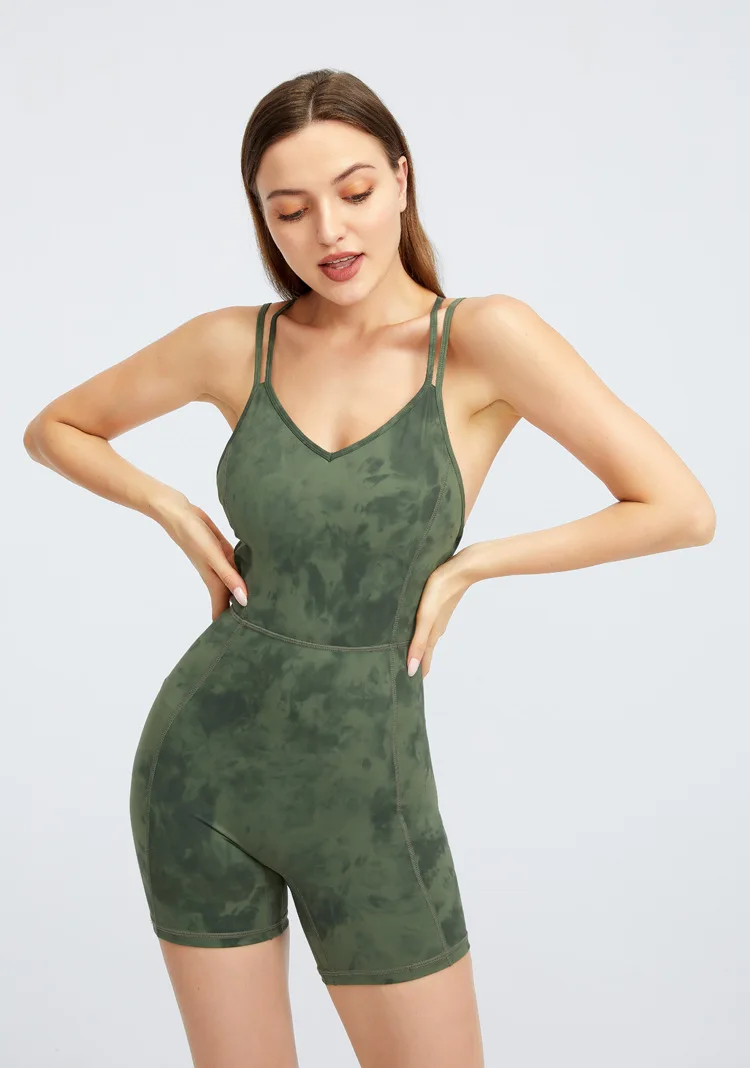 Sleeveless Sexy Back Cross Straps Short Gym Sets Women Gym Clothing Yoga Sets with Padded Short Sports Rompers Fitness Jumpsuit