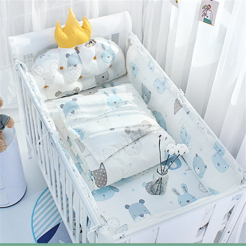 5Pcs Set Nordic INS Baby Crib Bumpers Pad Fence Cotton Crown Cushion  Cartoon Printted Sheets Kids