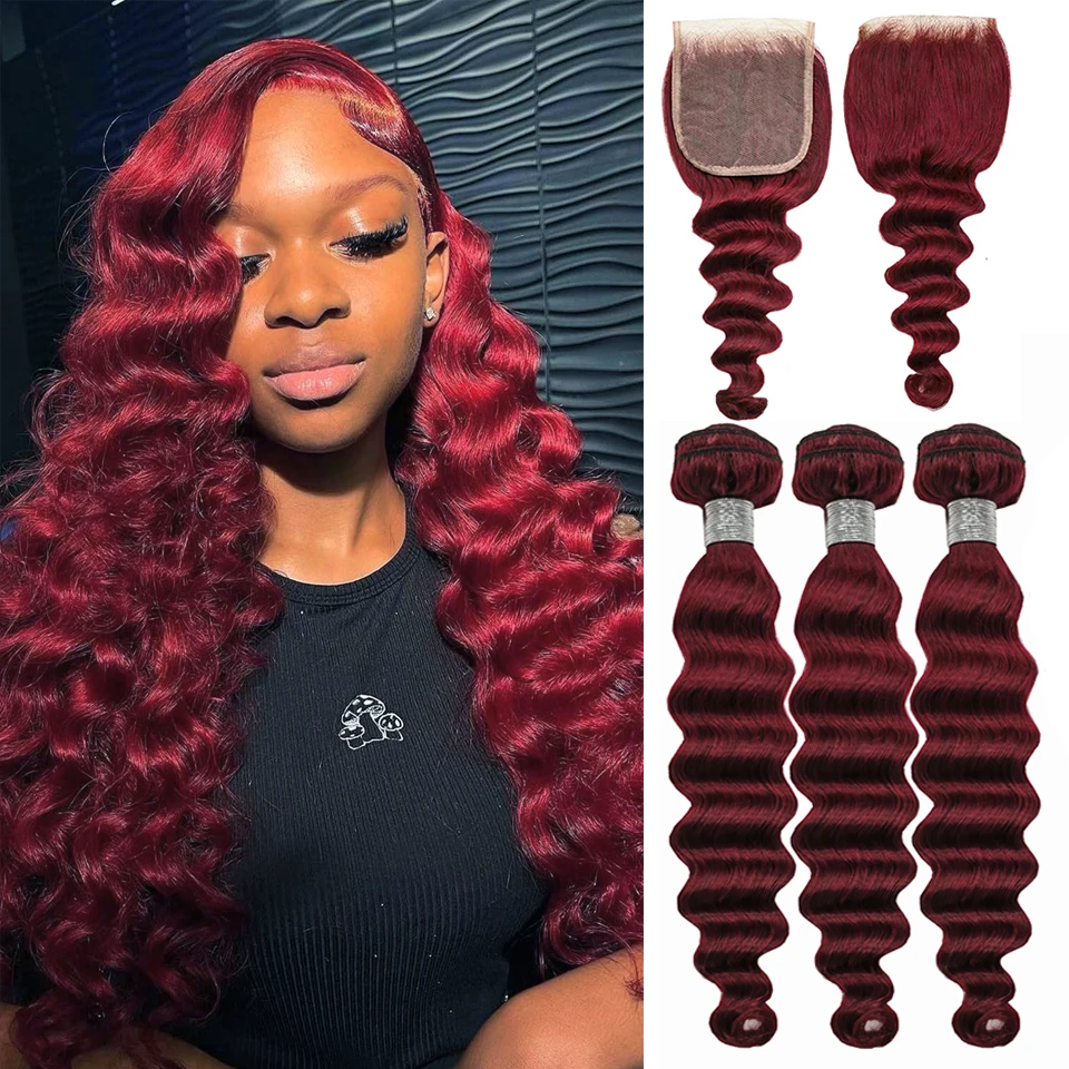 Loose Deep Wave Human Hair Bundles with 4x4 Closure 99j Burgundy Colored Bundles with closure Reddish Brown Colored Human Hair