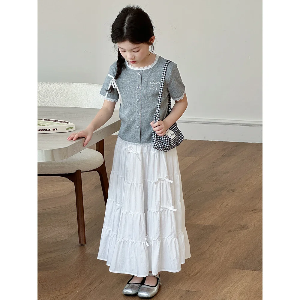 Mädchen Kurzarm-Oberteil und Rock Set Sommer Kinder T-Shirt Langes Stufenkleid Zweiteiliges Outfit Neues Sommer-Set Kleid Lässig Niedlich Elastisch