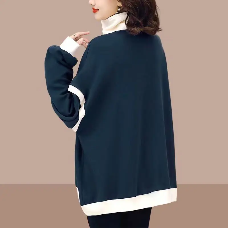Spring Autumn Women's Polo Collar Patchwork Pullover Long Sleeve Solid Fashion Lady Sweatshirts Casual Versatile Elegant Tops