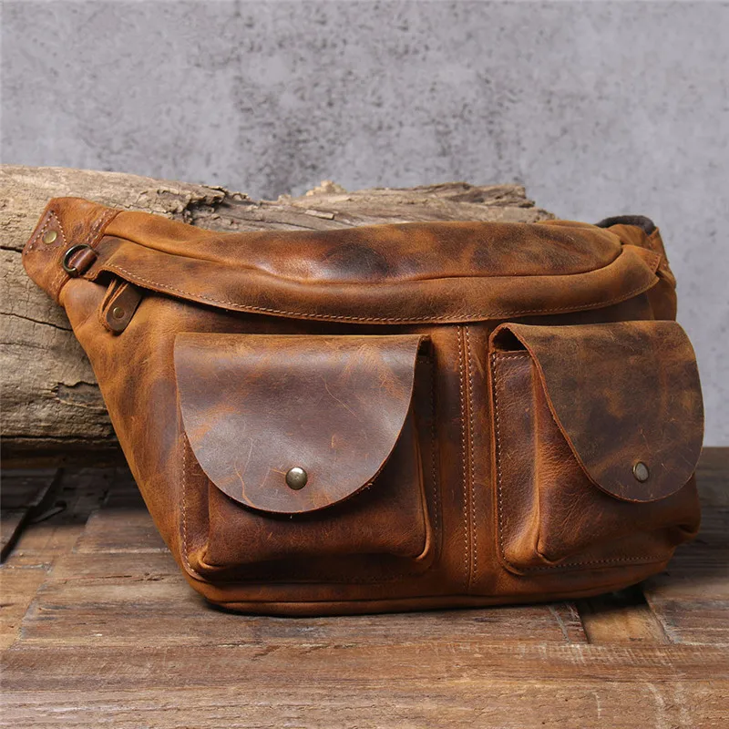 

Natural genuine leather large capacity men's chest bag retro crazy horse cowhide waist pack daily casual shoulder messenger bags
