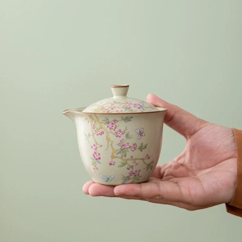 Hand-Painted Peach Blossom Three-Cup Travel Pack Ceramic Travel Kung Fu Tea Set Ruyao