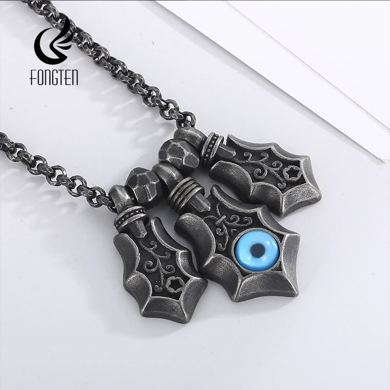 

Fongten Retro Black Spearhead Devil's Eye Pendant Stainless Steel Quadrilateral Circle Chain Long Necklace For Men Jewelry