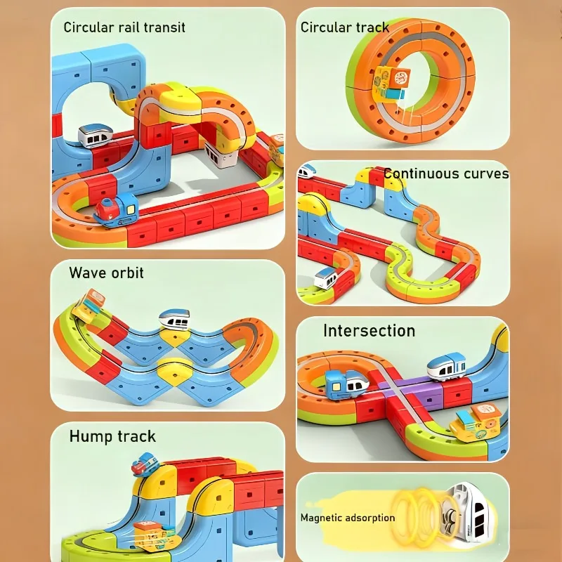 DIY 자석 다용도 전기 미니 기차 고속철도 마법 접착 삼차원 트랙 몬테소리 교육용 어린이 장난감