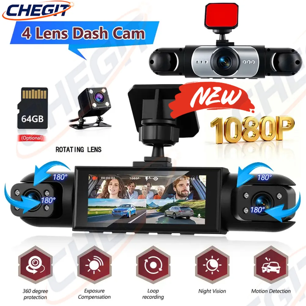 NOUVEAU 360 ° Caméra de voiture 3/4 objectifs 1080P, caméra de tableau de bord HD, caméra d'enregistrement automobile, DVR de voiture, caméra avant gauche droite arrière, accessoire de voiture dashcam voiture，caméra