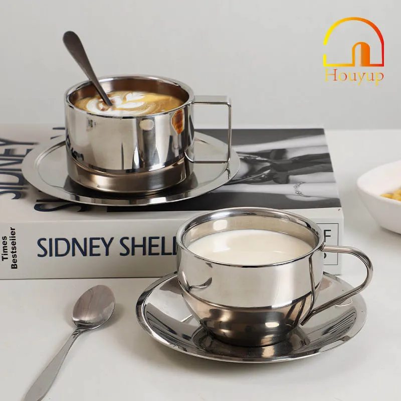 

304 Stainless Steel Double-Wall Coffee Cup Set Insulated And Anti-Ironing Home Office Casual Mug With Saucer Spoon Afternoon Tea