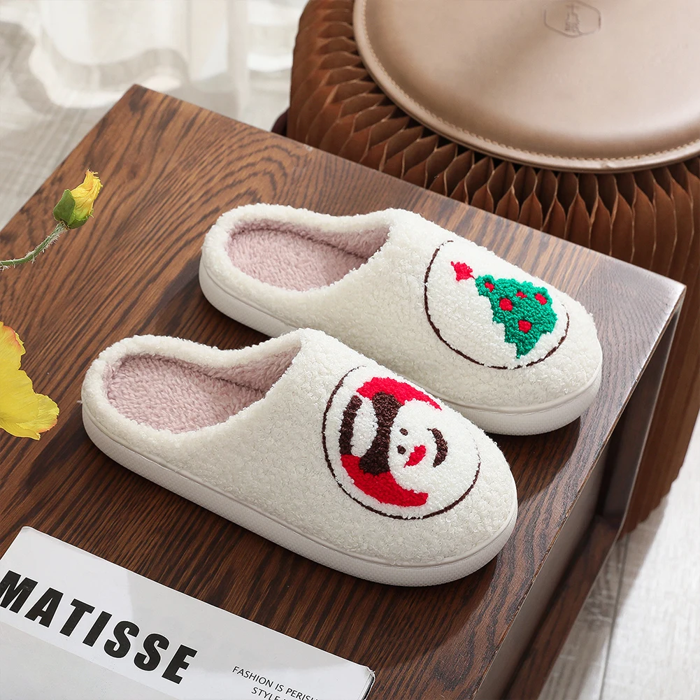 Snowman Xmas Tree Slippers Christmas Plush Slippers Comfortable Cute Furry Anti Slip Soft Couple for Men Women