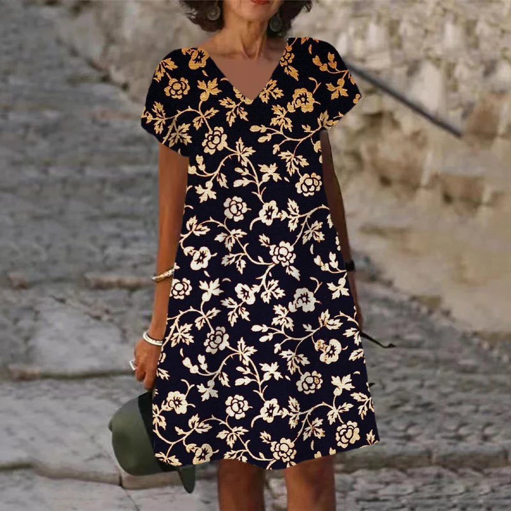 

2022 Women's Loose Summer Vintage Ruffle Short Sleeve Dress Summer Floral Print Boho Casual Party Elegant Dress