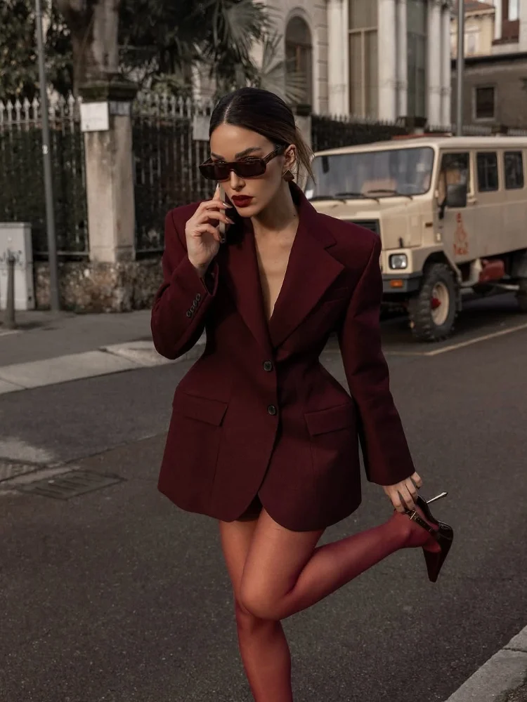 Woman Elegant Solid Cinch Waist Fitted Blazer Chic Lapel V Neck Long Sleeved Buttons Jackets Fashion Female High Streetwear 2025 6
