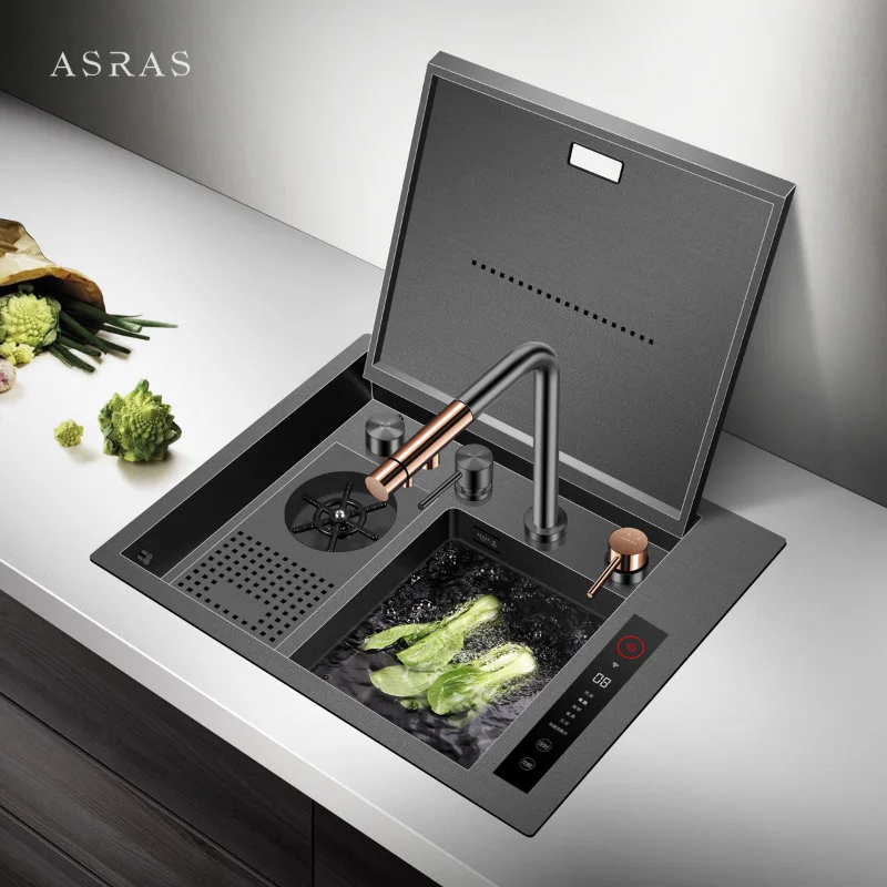 

ASRAS Nano Black 304 StainlessSteel Smart Purifying Kitchen Sink Hidden Cup Rinser Handmade Sink Ultrasonic Smart Purifying Sink