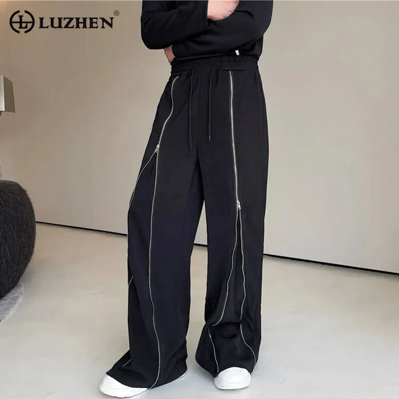 

Брюки LUZHEN мужские прямые повседневные на молнии, модные эластичные штаны с широкими штанинами, однотонные на шнуровке, осень 2023, 91b24b