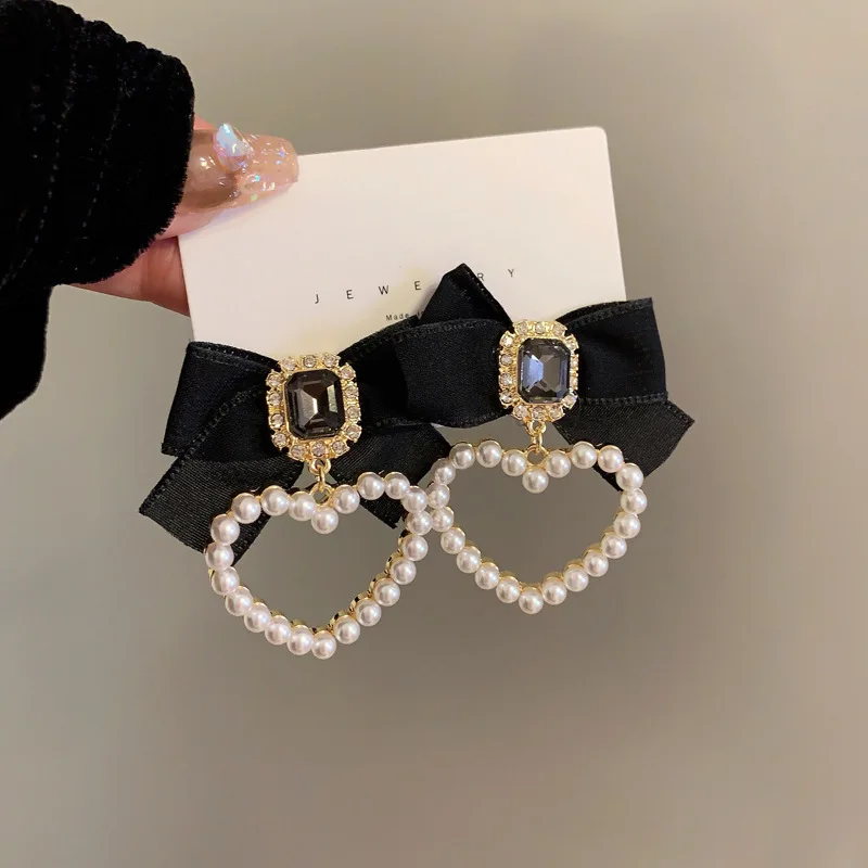 Bow Clip Earrings For Women Retro Rhinestone Black BowKnot Heart Shaped Party Jewelry