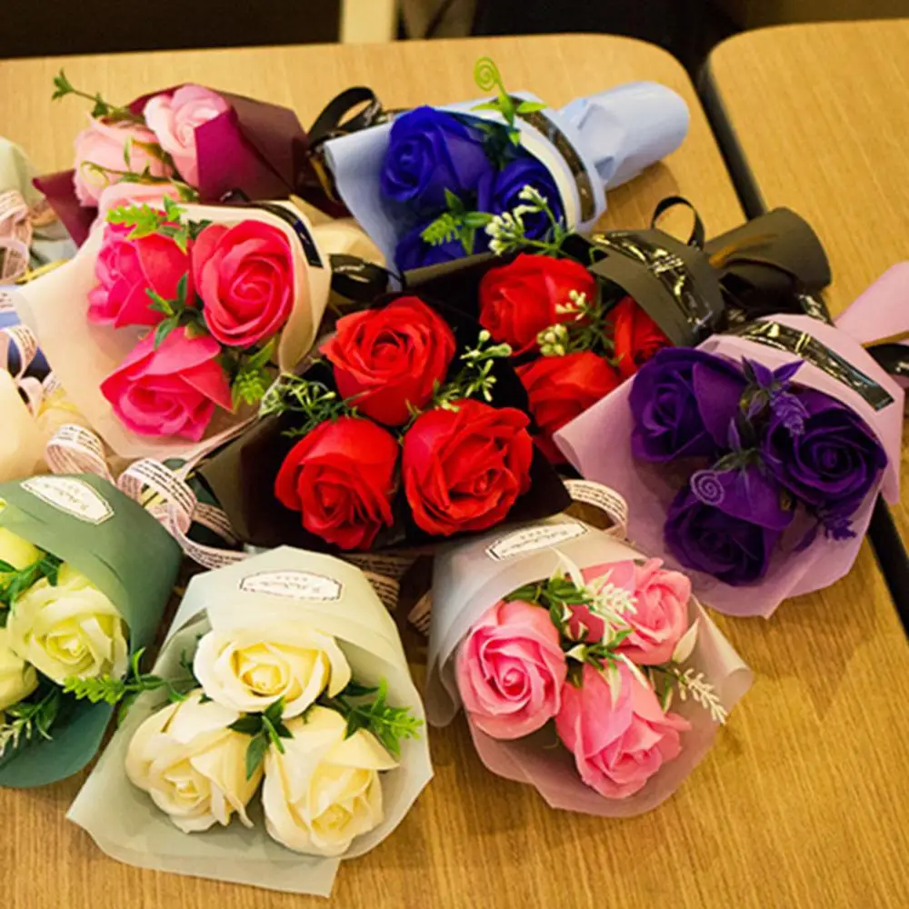 

3 Heads Artificial Rose Bouquet Hand Holding Soap Flower Valentine Day Gift Mothers Day Gift Home Decoration искусственные цветы