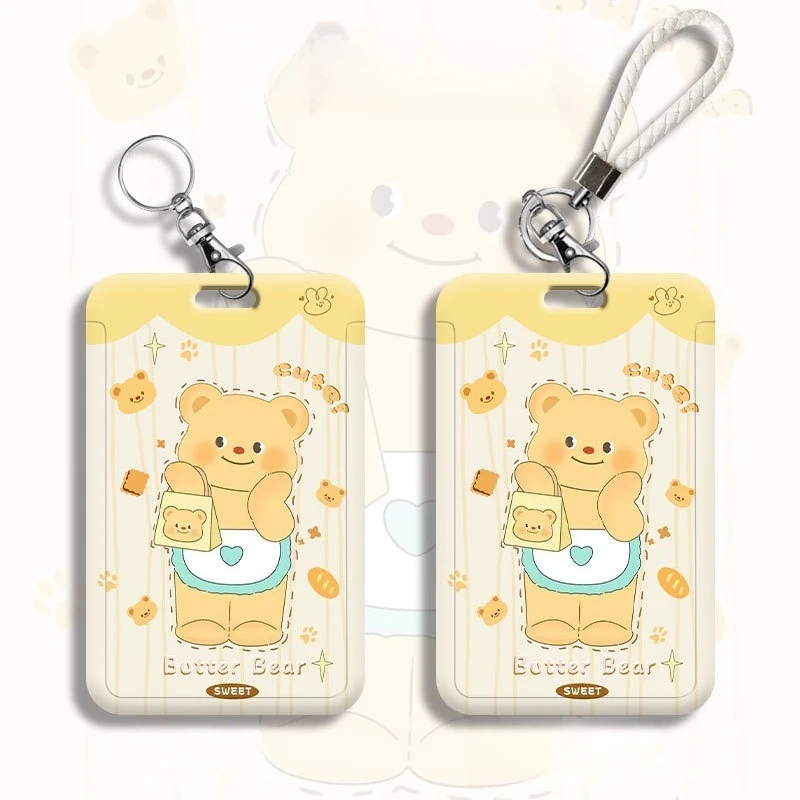 Cartoon Bear Slide Card Holder with Lanyard Student ABS Plastic ID Badge Holder 110x70mm for Office Access Cards Storage
