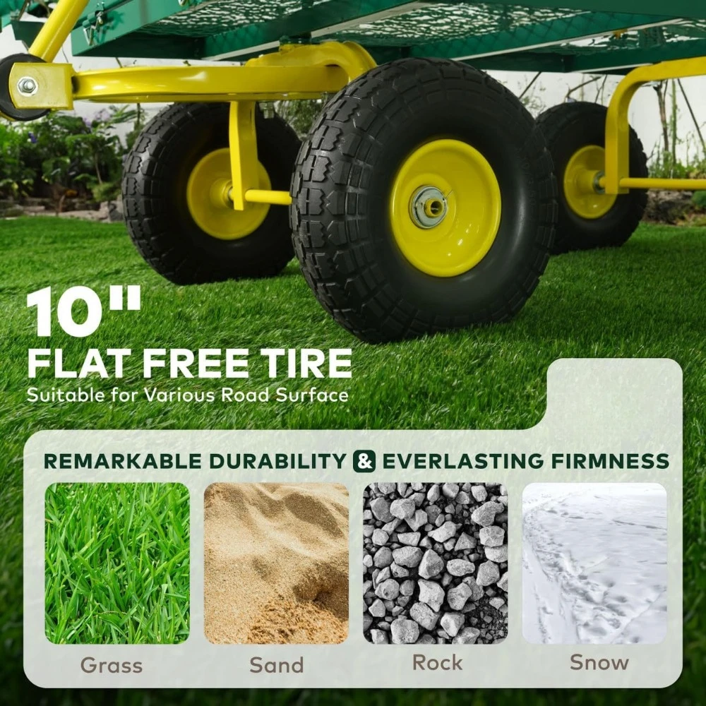 Metal Black Garden Cart, w/ 180&deg; Adjustable Yellow Handle, w/Mat and Strap, Heavy Duty 880 lbs Capacity, w/ 10&rdquo; Flat-Free Tires