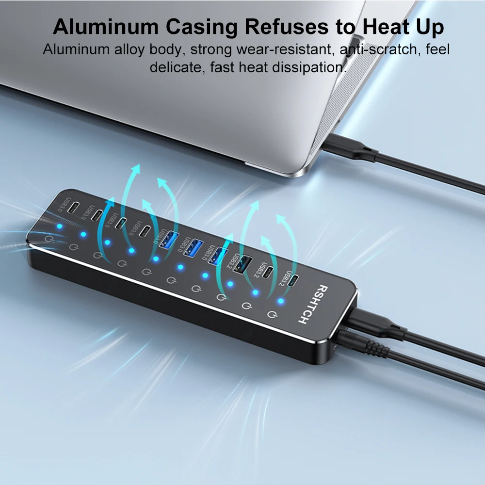 RSHTECH 10 In 1 USB C Hub 10Gbps USB-C With Individual Touch Switches Multiport Splitter Docking Station For MacBook_voghion.com