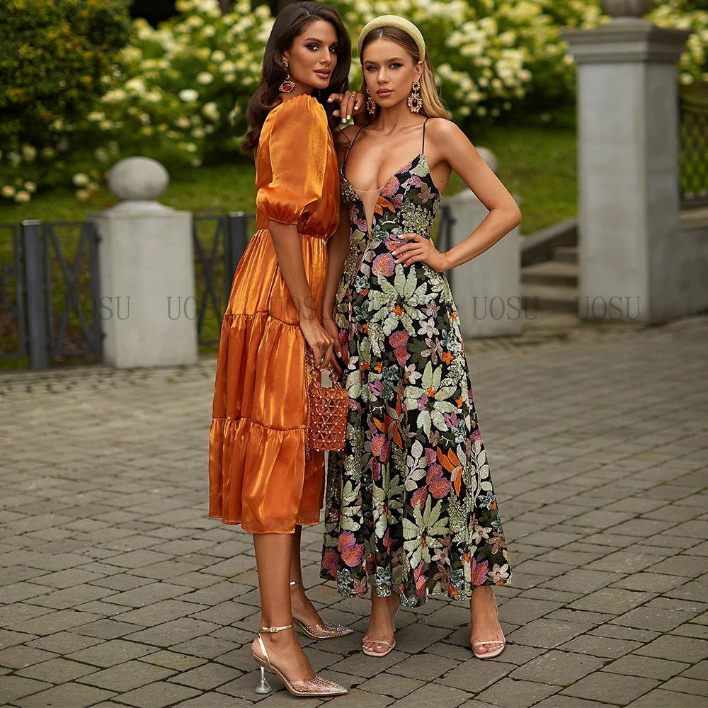 Cocktail Dress Sparkly A Line One Shoulder Half Sleeve Short Orange Tea Length Midi Wedding Party Dresses