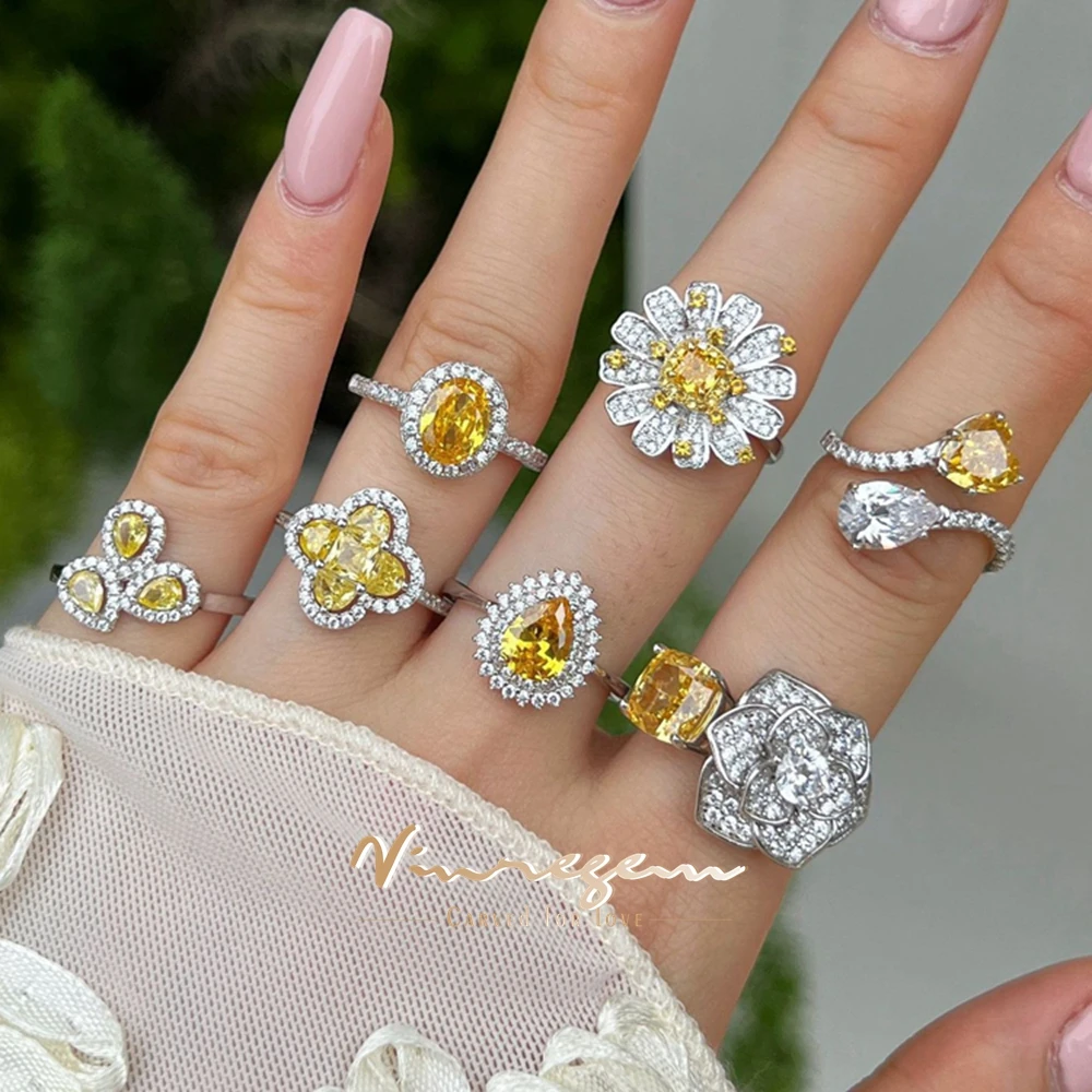 Vinregem Lab Created Citrine High Carbon Diamond Gemstone Sparkling Ring for Women 100% 925 Sterling Silver Jewelry Wholesale