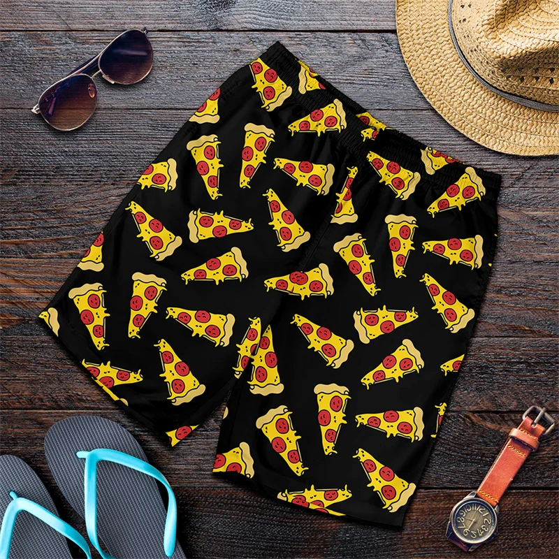 Funny Pizza Pattern Beach Shorts Men 3D Printing Pizza Board Shorts Swimsuit Summer Quick Drying Ice Sportwear GYM
