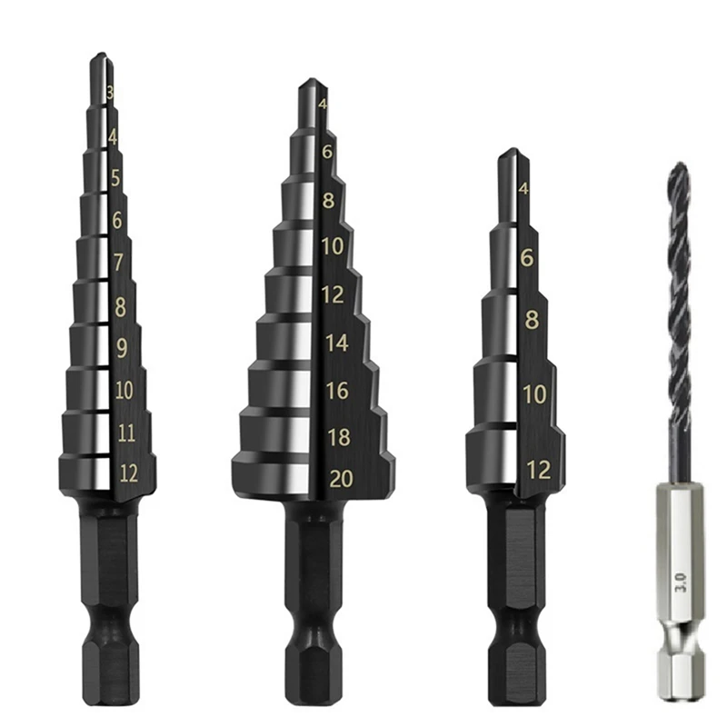 

4Pcs 3-12 4-12 4-20Mm HSS Straight Groove Step Drill Bit Nitride Twist Drill Wood Metal Hole Cutter Core Drilling Tools