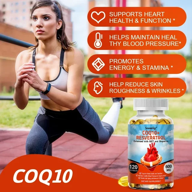 Soomiig 120 Capsules CoQ10 + Resveratrol Capsules Supplement, Support Energy, Vitamins, Heart Health and Blood Pressure Levels