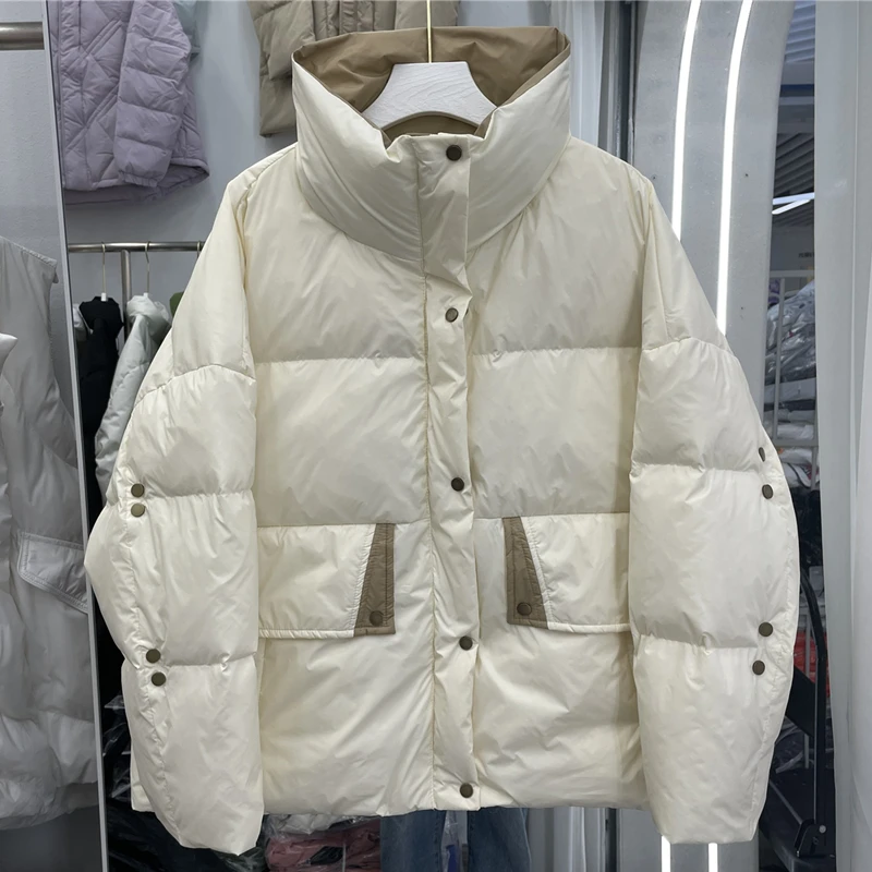 

Пуховик женский короткий с воротником-стойкой, утепленный свободный белый утиный пуховик в Корейском стиле, ветрозащитная верхняя одежда