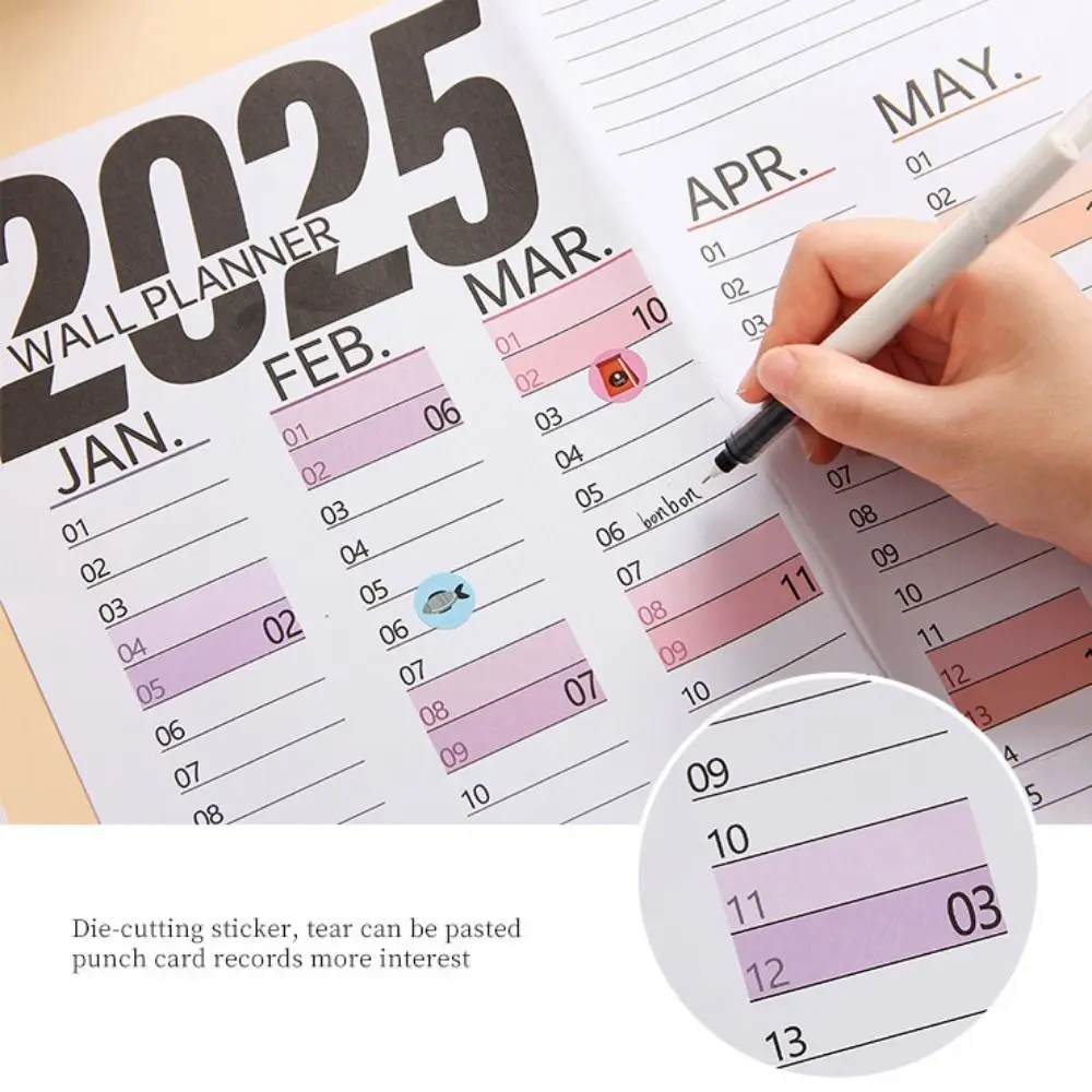 접이식 2025년 캘린더 플래너 시트 플라스틱 컬러풀 스티커 포함 플래닝 벽걸이 캘린더 장 목표 목록 일정표