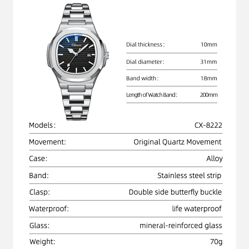 Chenxi Octagonal Alloy Case Watch For Women's Striped Dial With Calendar Luminous Fashion Dress Girl Waterproof Wristwatch Gift, Alina Gadgets