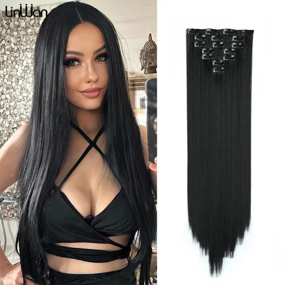 

22Inchs 16 Clips in Hair Extensions Long Straight Hairstyle Synthetic Blonde Black Hairpieces Heat Resistant False Hair