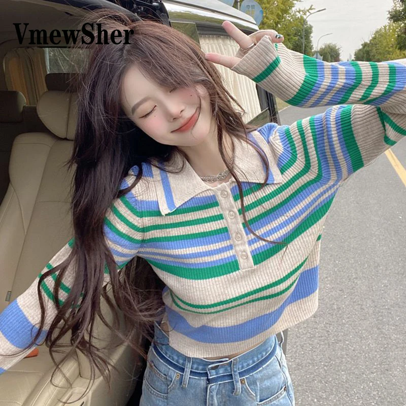

VmewSher Spring Striped Thin Sweater Women Long Sleeve Retro Polo Collar Slim Knitted Pullover Fashion Crop Jumper Tops Autumn
