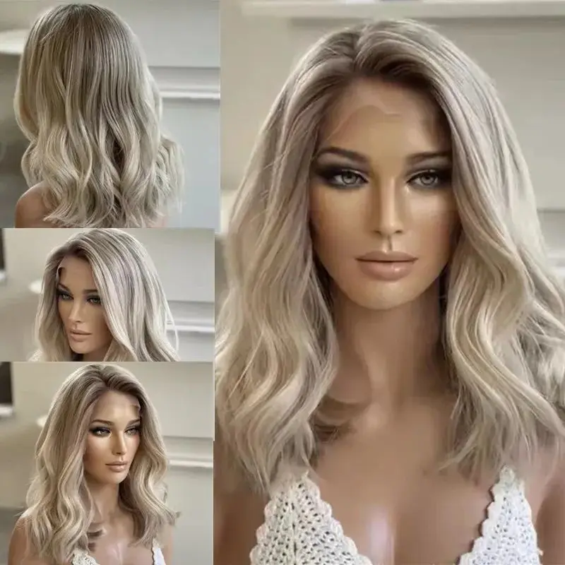 Short Curly Lace Frontal Wig Silver Blonde Side Parting Synthetic Soft Water Wave Bob Wig High Heat Fibre