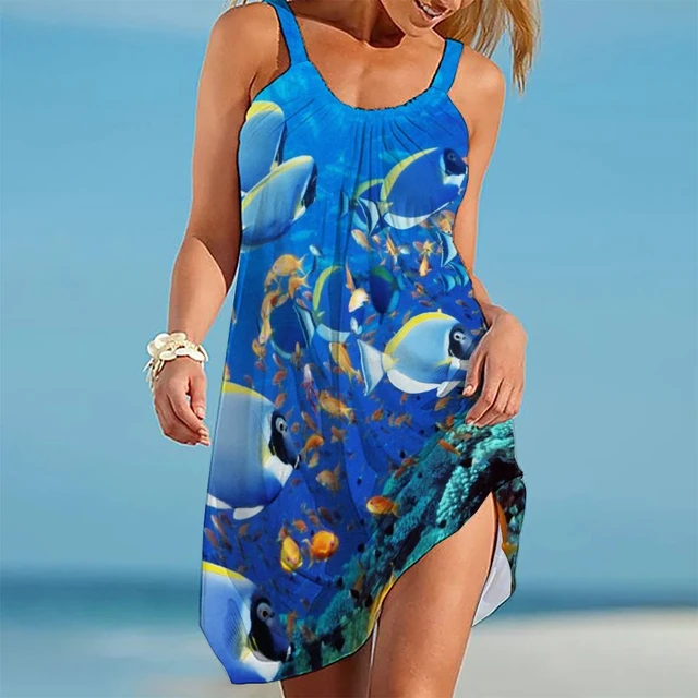 Vestido de playa de animales marinos con estampado 3D de pez para mujer, moda hawaiana, ropa de playa sin mangas, minivestido fiesta para niña _ - AliExpress