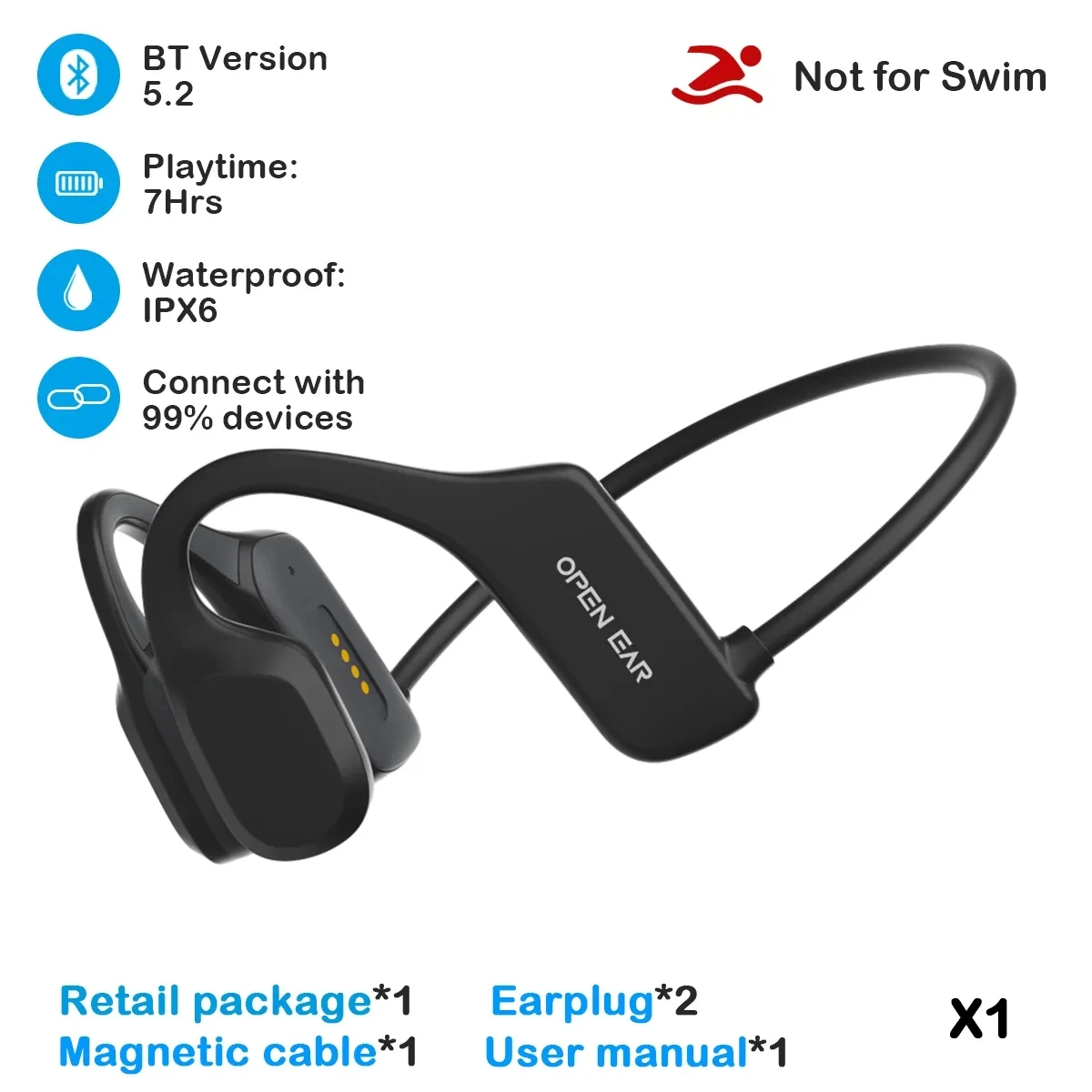 

Real Bone Conduction Bluetooth Headphone Sports Earphone Waterproof Wireless Headset with Mic Ear-hook TWS Bass Hifi Stereo X1