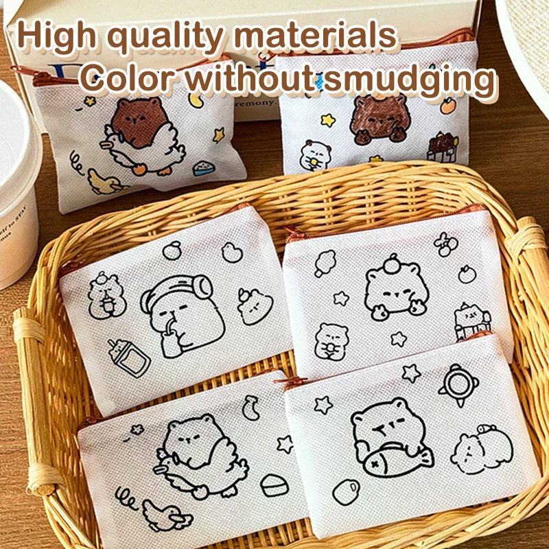 5Pcs Cute Cartoon Capybara Painting Graffiti Coin Bag Pencil Storage Bag Non-woven Painting Pen Bag Kid DIY Art Toys