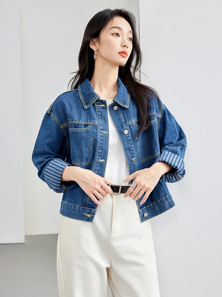 Fashion Vintage Denim Jacket Women's Single Breasted Lapel Short Coats Loose Casual Versatile Long Sleeve Jean Jacket