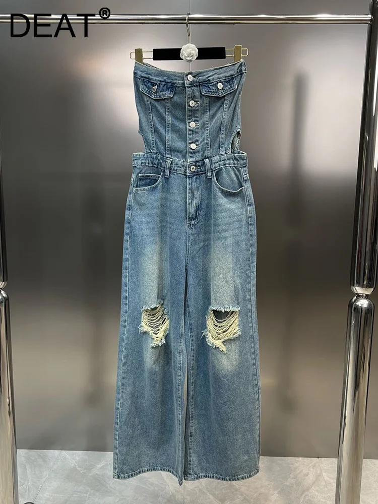 

Waist Hollow Out Hole Designer Denim Jumpsuit Women Sleeveless Trend Streetwear Loose Strapless Jeans 2023 Summer 11XX3447