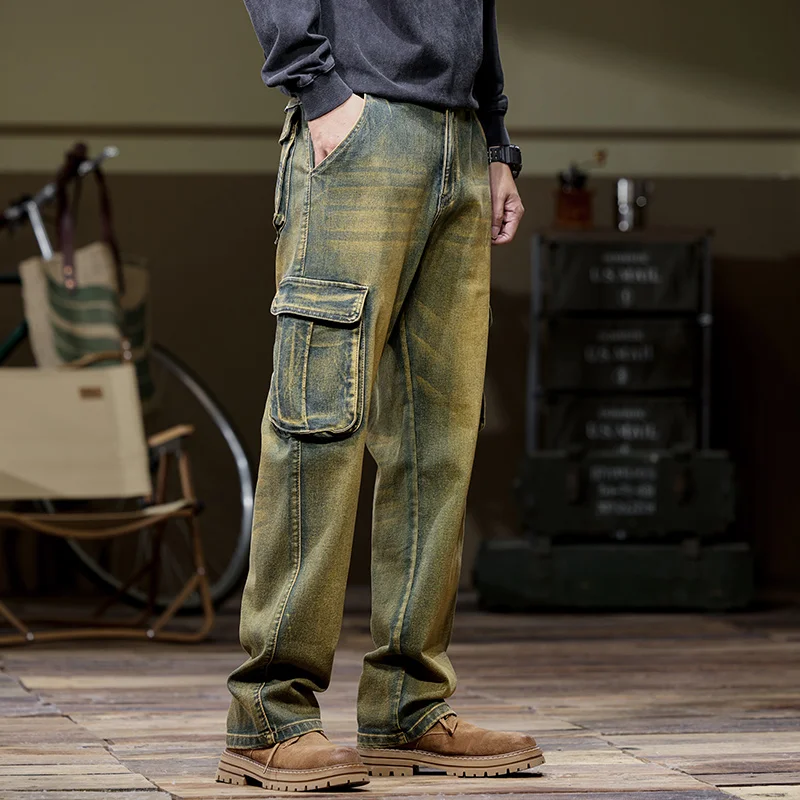 Autumn and winter new styles Men's outdoor multi-pocket cargo jeans Straight loose casual stretch fashion jeans for men 3