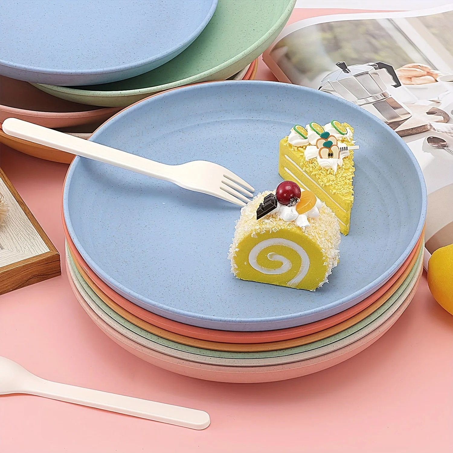 9Inch Lightweight Wheat Straw Plastic Plates Reusable Assorted Colors Dinnerware Sets Dishwasher Safe 1PCS/12PCS