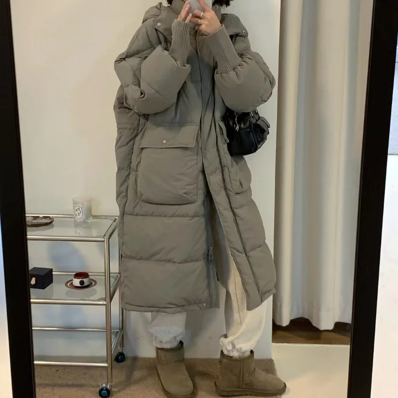 2023 New Women Down Jacket Winter Coat Female Long Parkas Loose Versatile Overknee Outwear Thick Solid Color Hooded Overcoat
