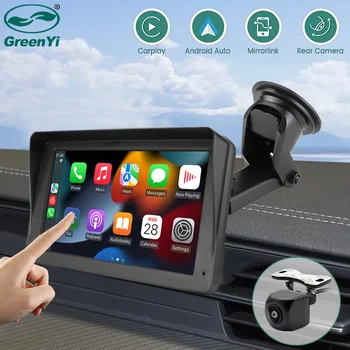 GreenYi pantalla táctil de 7 pulgadas WiFi inalámbrico Apple Carplay y Android-Monitor Multimedia para coche con cámara inversa AHD 1080P 1
