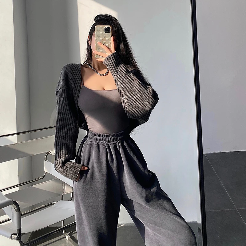 

Женская трикотажная накидка, свободная универсальная кофта большого размера с высокой талией и длинным рукавом, в европейском и американском стиле, 2022