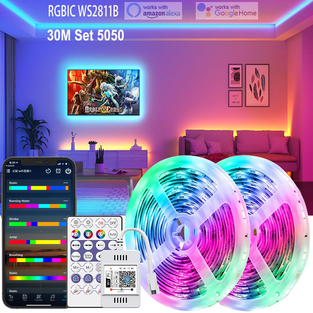 

Светодиодная ленсветильник s RGB 5 м-30 м 5050/WS2811, светодиодсветильник лампа постоянного тока с Bluetooth, гибкая Диодная лента, водонепроницаемое приложение + источник питания для комнатного ТВ